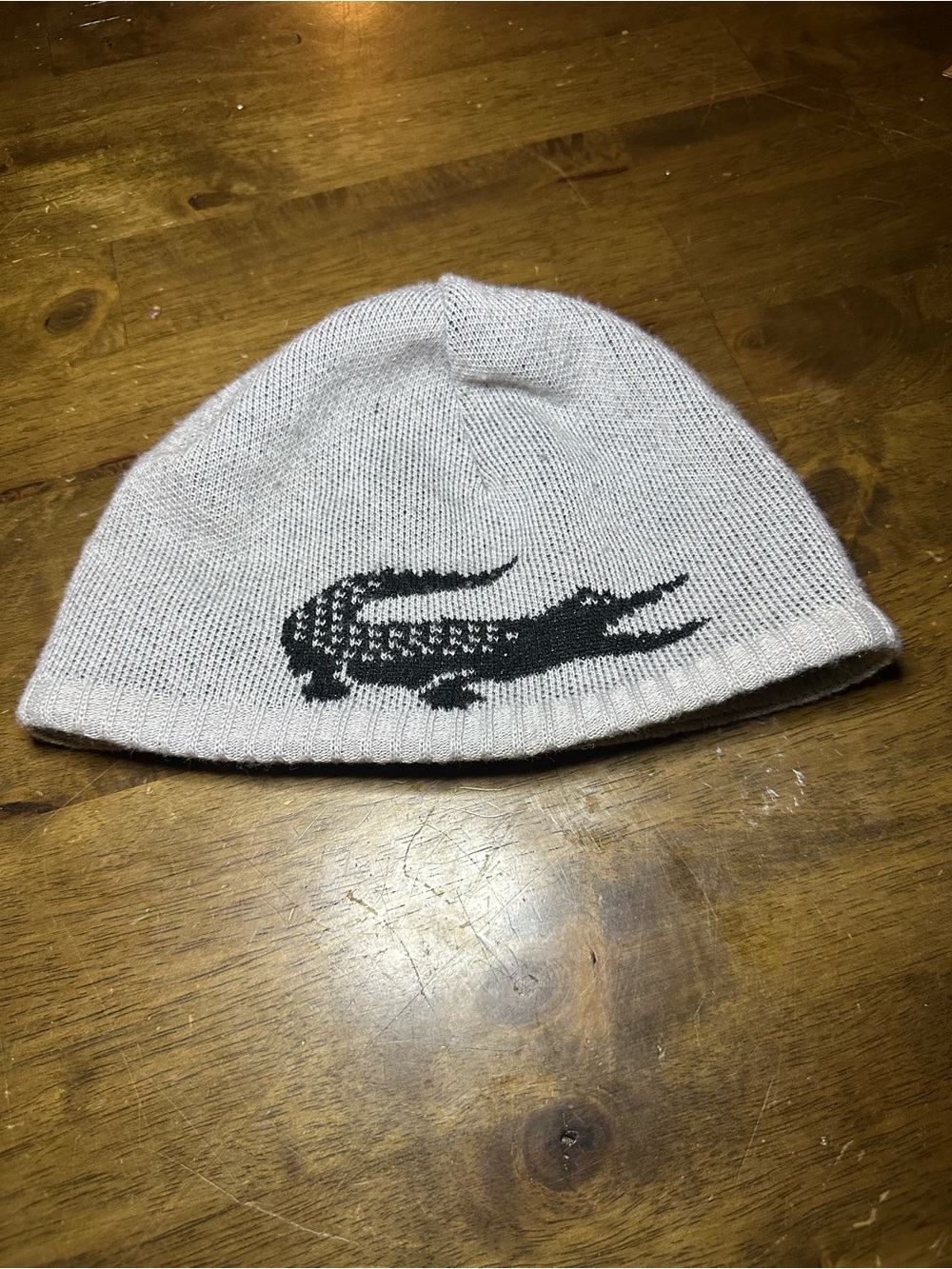 Lacoste Gray Knit Beanie with Black Croc Logo unisex one size